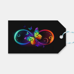 Étiquettes-cadeau Vibrant infinity with rainbow butterfly on black