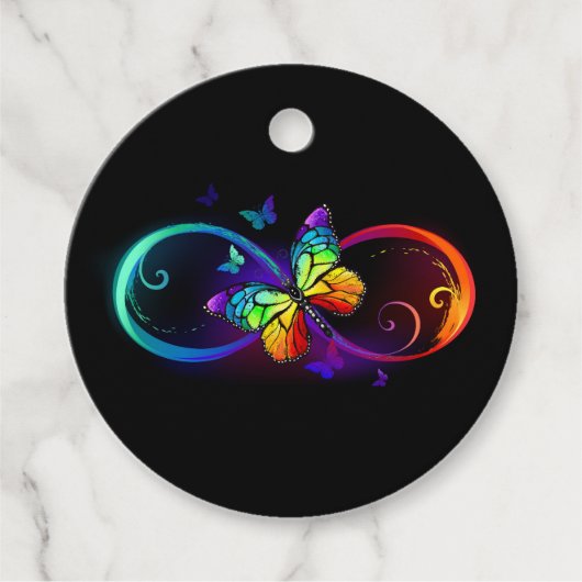 Étiquettes Cadeau Vibrant infinity with rainbow butterfly on black (Devant)