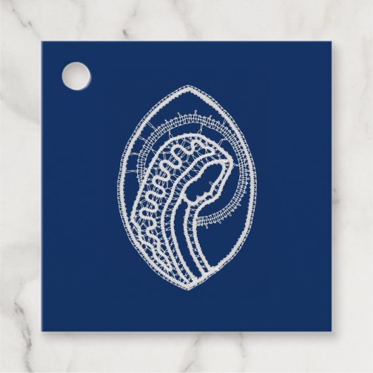 Étiquettes Cadeau Vierge Marie, dentelle blanche, bleu marine (Devant)