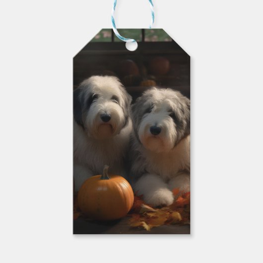 Étiquettes-cadeau Vieux anglais Sheepdog Chiot Chiot Automne Citroui (Devant)