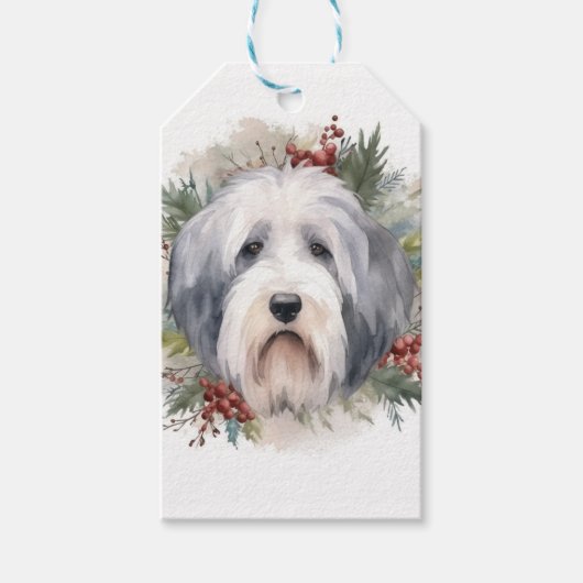 Étiquettes-cadeau Vieux anglais Sheepdog Christmas Wreath Festive Pu (Devant)