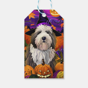 Étiquettes-cadeau Vieux anglais Sheepdog Halloween sorcier Citrouill