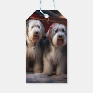 Étiquettes-cadeau Vieux chien de berger anglais enneigé Noël décorat