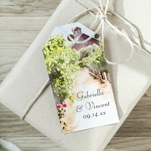 Étiquettes-cadeau Vignoble et Mariage d'aquarelle de la grange rouge
