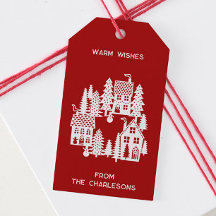 Étiquettes-cadeau Village de Noël Rouge et Blanc Personnalisé