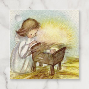 Étiquettes Cadeau Vintage Ange Fille regarder bébé Jésus dormir