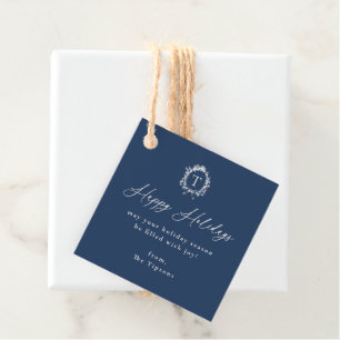 Étiquettes Cadeau Vintage Botanographie Monogram Blue Holiday
