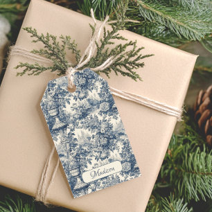 Étiquettes-cadeau Vintage chic floral Bleu toile de jouy monogramme
