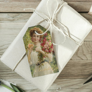 Étiquettes-cadeau Vintage Emile Vernon Femme Floral Joyeux Anniversa