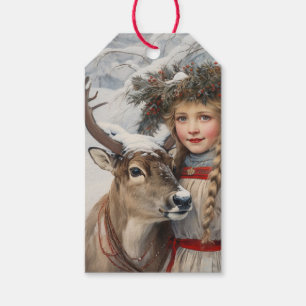 Étiquettes-cadeau Vintage fille avec renne