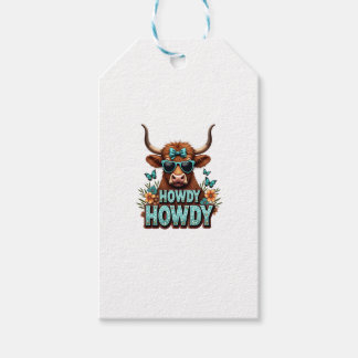 Étiquettes-cadeau Vintage Howdy Vache Highland avec Lunettes de sole