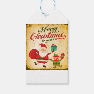 Étiquettes-cadeau Vintage Joyeux Noël Daning Père Noël et Elf