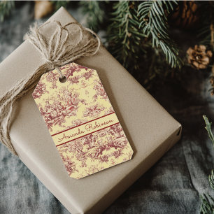 Étiquettes-cadeau Vintage lac jaune rouge toile de jouy monogramme