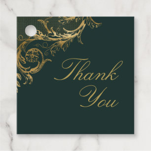 Étiquettes Cadeau Vintage Vert or Floral Mariage damassé Merci
