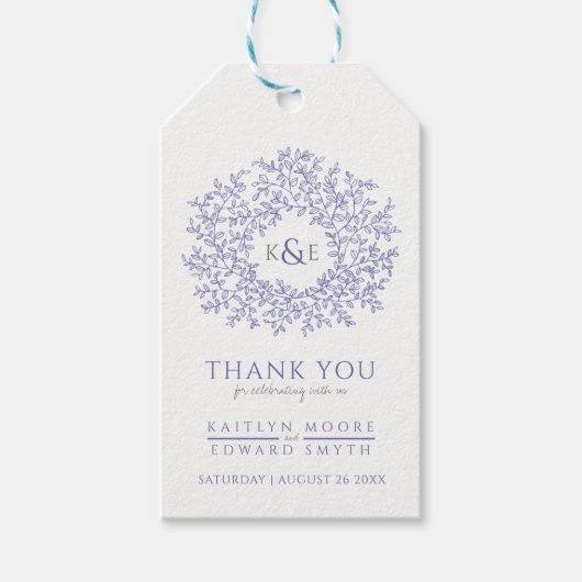 Étiquettes-cadeau Violet bleu feuille monogramme mariage faveur (Devant)