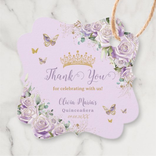 Étiquettes Cadeau Violet Lilac Rose Floral Quinceanera 15 Bilingue (Dos)