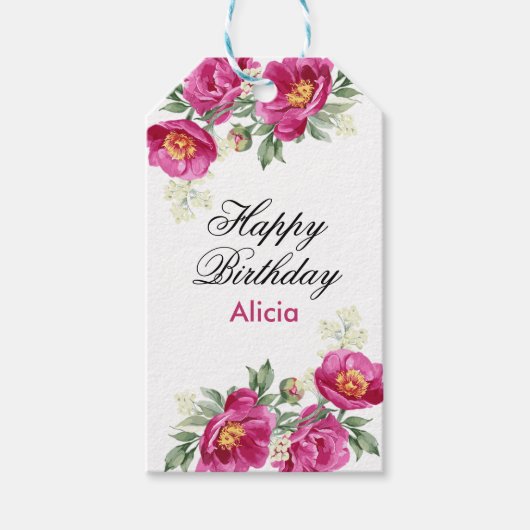 Étiquettes-cadeau Violet rouge Peony Flore verdure Anniversaire (Devant)