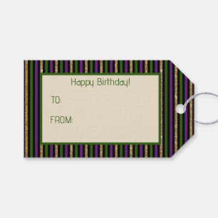 Étiquettes-cadeau Violet, Vert, Noir, Faux Gold Stripes Mardi Gras