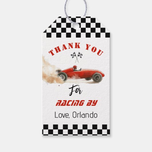 Étiquettes-cadeau Voiture de course rouge Garçon course anniversaire (Devant)