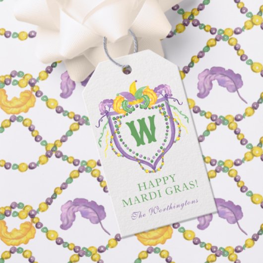 Étiquettes-cadeau Watercolor Mardi Gras Monogram Crest