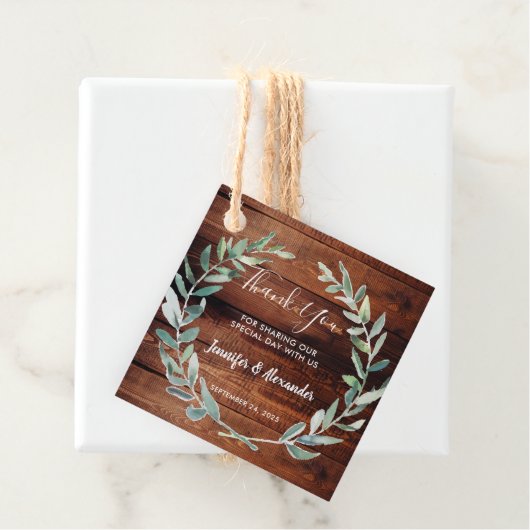 Étiquettes Cadeau Watercolor olive leaves wood Wedding Thank You (En situation)