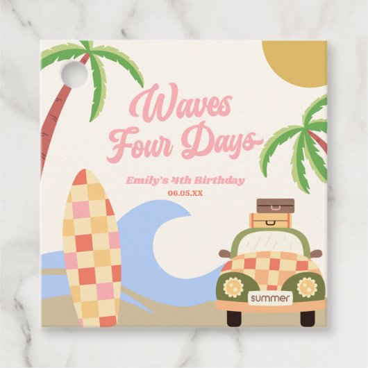 Étiquettes Cadeau Wave Four Days Surf Board Rose 4e anniversaire fêt (Devant)