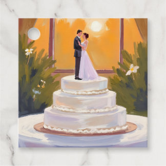 Étiquettes Cadeau Wedding Cake Bride & Groom Brunette Watercolor