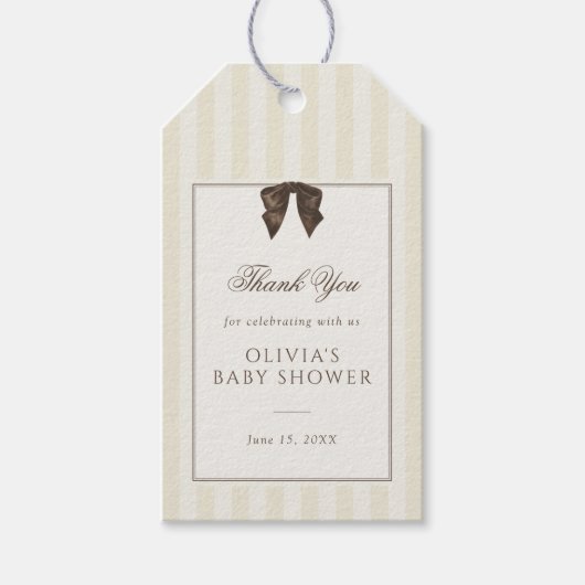 Étiquettes-cadeau Whimsical Brown Bow Striped Baby Shower (Devant)
