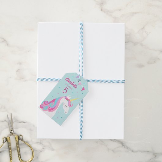 Étiquettes-cadeau Whimsical Rainbow Unicorn Aqua 5e anniversaire (Avec de laficelle)