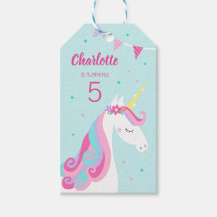 Étiquettes-cadeau Whimsical Rainbow Unicorn Aqua 5e anniversaire