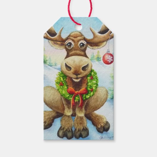 Étiquettes-cadeau Whimsical Winter Christmas Moose Watercolor Art (Devant)