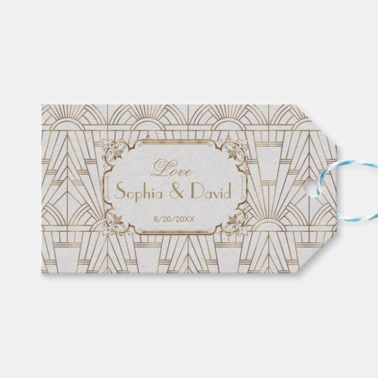 Étiquettes-cadeau White Gold Great Gatsby Art Déco Mariage des année (Devant (Horizontal))