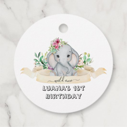 Étiquettes Cadeau Wild One - Baby Elephant and Flowers 1er anniversa (Dos)