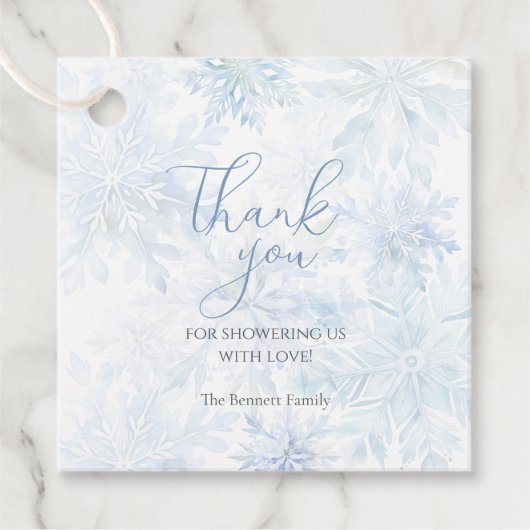 Étiquettes Cadeau Winter Baby Shower Boy Blue Snowflake Thanks (Devant)