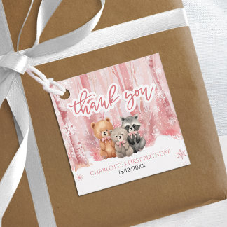 Étiquettes Cadeau Winter Onederland Bear Pink First Birthday Party