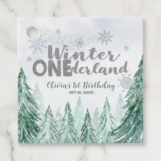 Étiquettes Cadeau Winter Onederland First Birthday Snowflakes Forest (Devant)