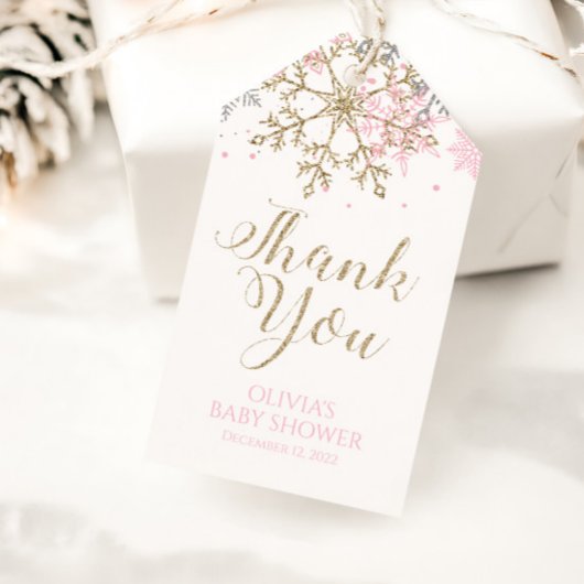 Étiquettes-cadeau Winter Pink Gold Snowflake Baby shower Favoriser T