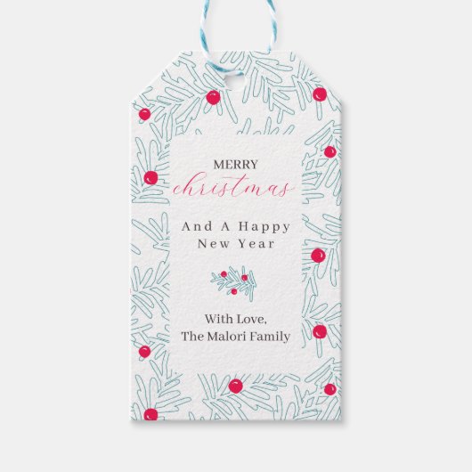 Étiquettes-cadeau Winter Sprig Pattern | Minimal Pine Branch & Berry (Devant)