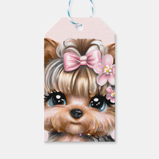Étiquettes-cadeau Yorkie mignonne avec une corse rose (Devant)