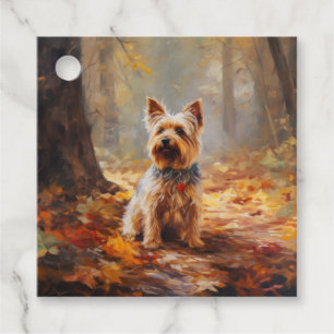 Étiquettes Cadeau Yorkshire Terrier en automne feuilles tombantes in