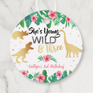 Étiquettes Cadeau Young Wild & Three Dinosaur Girls 3e anniversaire