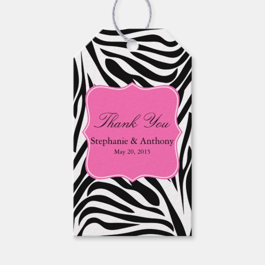 Étiquettes-cadeau Zèbre noir et blanc Impression et Merci rose chaud (Devant)