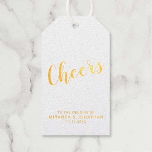 Étiquettes Cadeaux "Cheers" Mariage de script moderne Vin d'or (Recto)