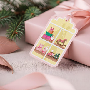 Étiquettes Cadeaux Fenêtre Atelier de jouets de Noël rose père Noël E