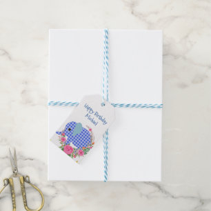 Étiquettes Cadeaux Florales Éléphant Bleu Bon Anni