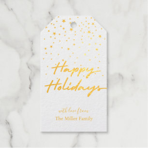 Étiquettes Cadeaux Happy Holidays Gold Stars Confetti Moderne Élégant