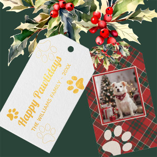 Étiquettes Cadeaux Joyeux Pawlidays Chien Paw Red Plaid Photo Noël
