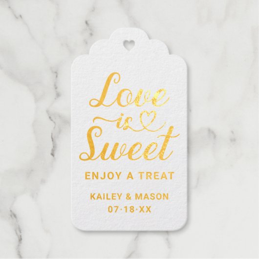 Étiquettes Cadeaux Love is Sweet Modern Heart Script Mariage Gold (Recto)