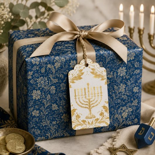 Étiquettes Cadeaux Menorah de style William Morris complexe