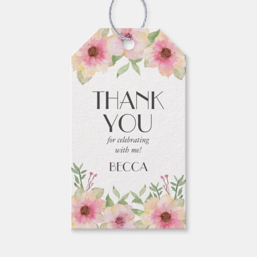 Étiquettes cadeaux Merci en fleurs roses d'aquarel (Devant)
